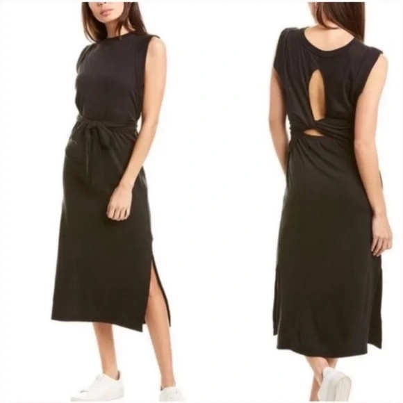VINCE - Wrap Waist Cotton Jersey Sleeveless Midi Back cout out Dress in Black - Picture 4 of 8